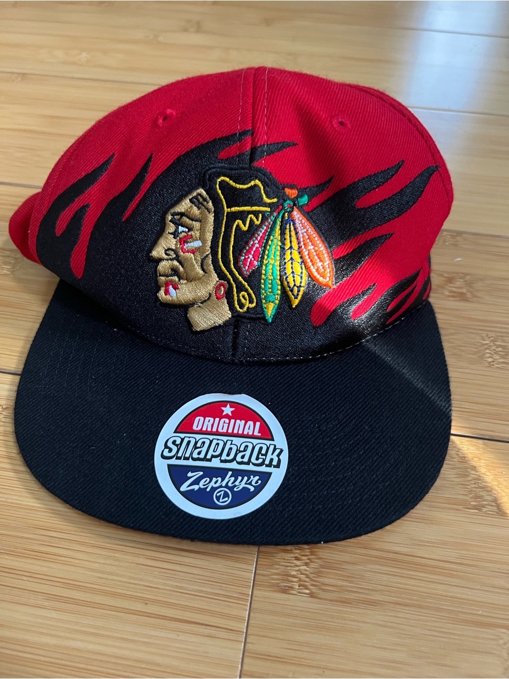 Vintage Y2K Chicago Blackhawks Zephyr Snapback Hat Flame Red Black The Z Hat NHL